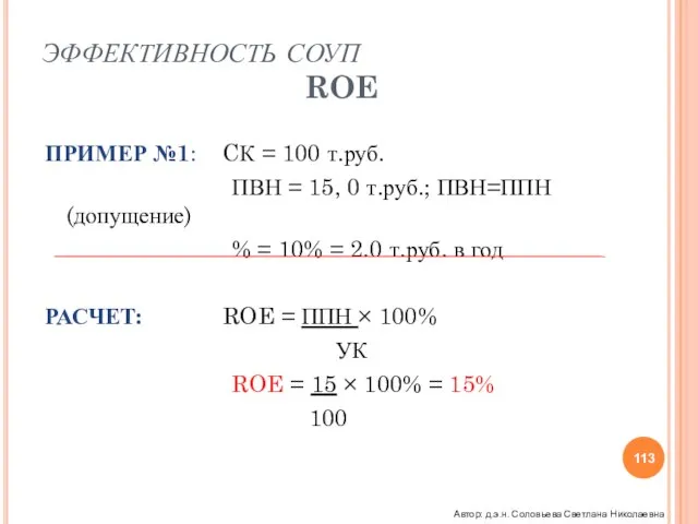 ЭФФЕКТИВНОСТЬ СОУП ROE ПРИМЕР №1: CК = 100 т.руб. ПВН = 15,