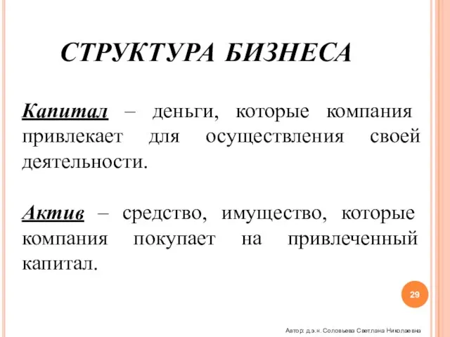 СТРУКТУРА БИЗНЕСА Капитал – деньги, которые компания привлекает для осуществления своей деятельности.