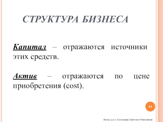 СТРУКТУРА БИЗНЕСА Капитал – отражаются источники этих средств. Актив – отражаются по