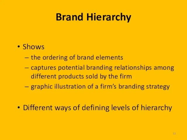 Brand Hierarchy Shows the ordering of brand elements captures potential branding relationships