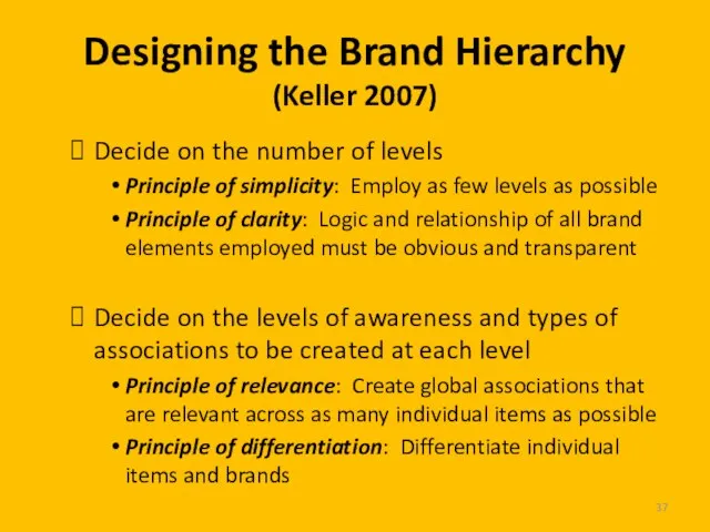 Designing the Brand Hierarchy (Keller 2007) Decide on the number of levels