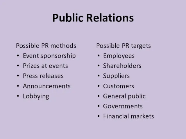 Public Relations Possible PR methods Event sponsorship Prizes at events Press releases