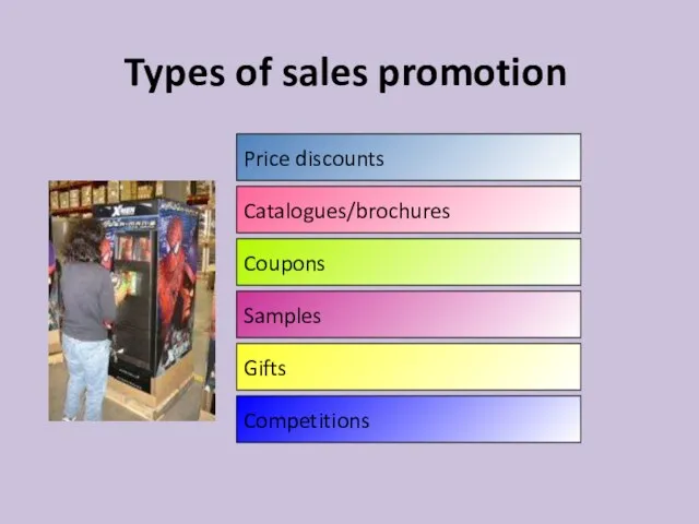 Types of sales promotion Price discounts Catalogues/brochures Coupons Samples Gifts Competitions