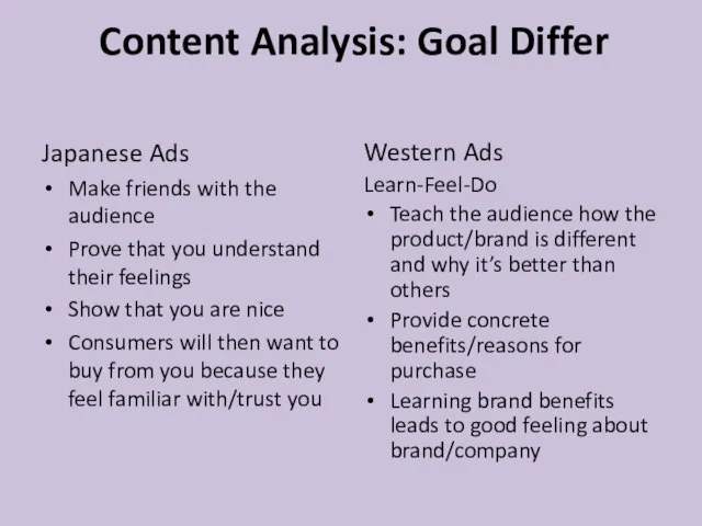 Content Analysis: Goal Differ Japanese Ads Make friends with the audience Prove