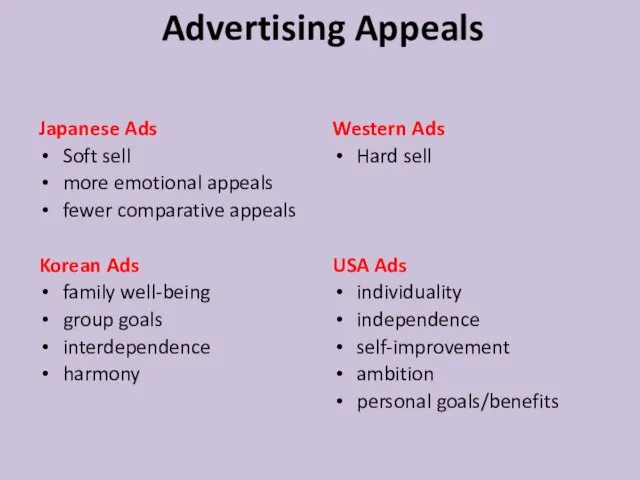 Advertising Appeals Japanese Ads Soft sell more emotional appeals fewer comparative appeals