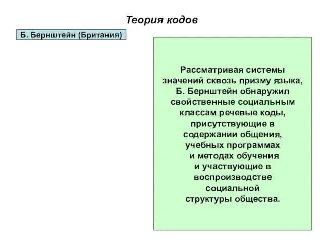 Теория кодов Б. Бернштейн (Британия) Рассматривая системы значений сквозь призму языка, Б.