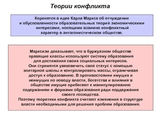 Теории конфликта Марксизм доказывает, что в буржуазном обществе правящие классы используют систему