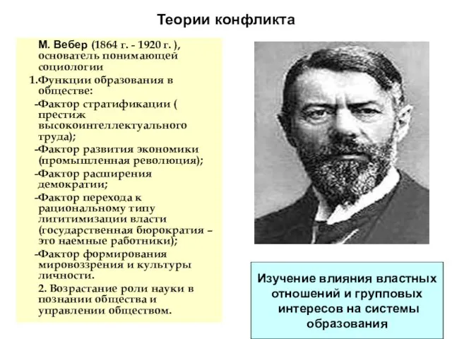 Теории конфликта М. Вебер (1864 г. - 1920 г. ), основатель понимающей