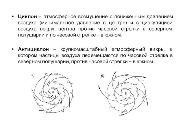 Циклон – атмосферное возмущение с пониженным давлением воздуха (минимальное давление в центре)