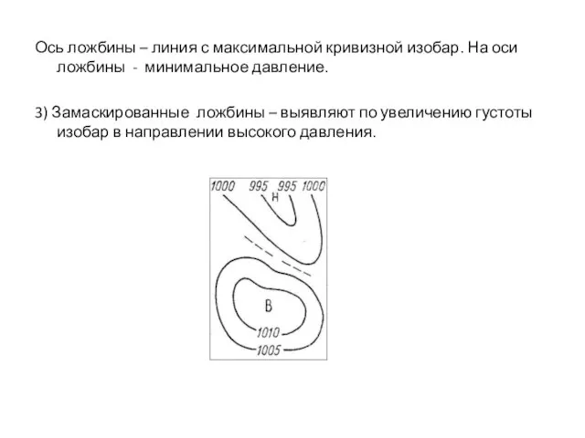 Ось ложбины – линия с максимальной кривизной изобар. На оси ложбины -