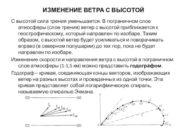 ИЗМЕНЕНИЕ ВЕТРА С ВЫСОТОЙ С высотой сила трения уменьшается. В пограничном слое