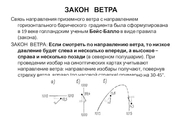 ЗАКОН ВЕТРА Связь направления приземного ветра с направлением горизонтального барического градиента была