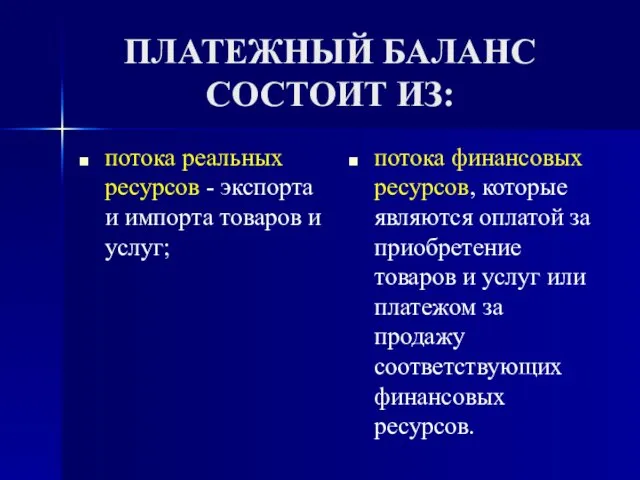 ПЛАТЕЖНЫЙ БАЛАНС СОСТОИТ ИЗ: потока реальных ресурсов - экспорта и импорта товаров