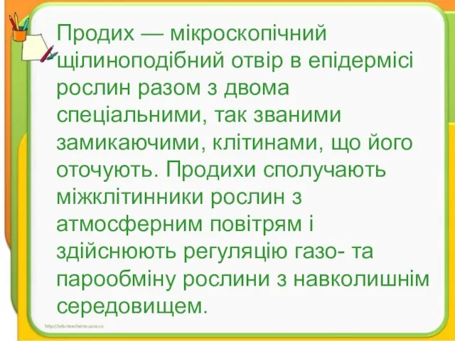 Продих — мікроскопічний щілиноподібний отвір в епідермісі рослин разом з двома спеціальними,