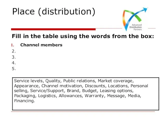 Place (distribution) Fill in the table using the words from the box: