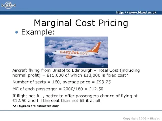 Marginal Cost Pricing Example: Aircraft flying from Bristol to Edinburgh – Total