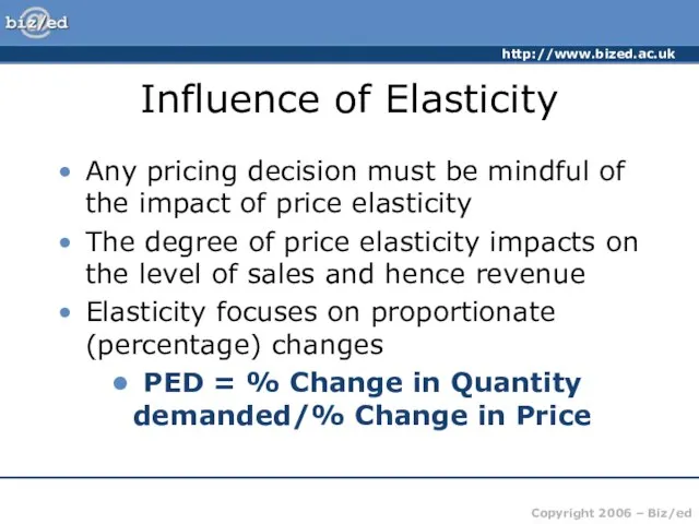 Influence of Elasticity Any pricing decision must be mindful of the impact