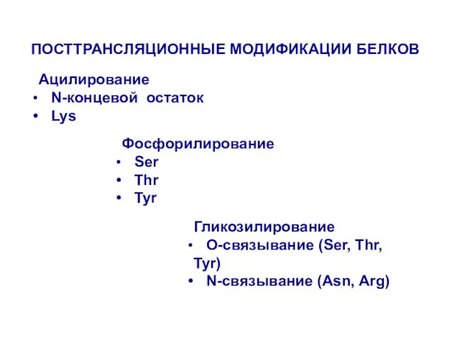 ПОСТТРАНСЛЯЦИОННЫЕ МОДИФИКАЦИИ БЕЛКОВ Ацилирование N-концевой остаток Lys Фосфорилирование Ser Thr Tyr Гликозилирование