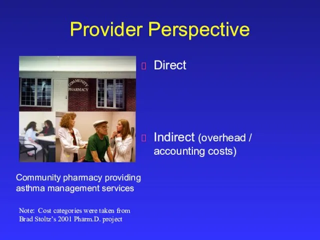 Direct Indirect (overhead / accounting costs) Provider Perspective Community pharmacy providing asthma