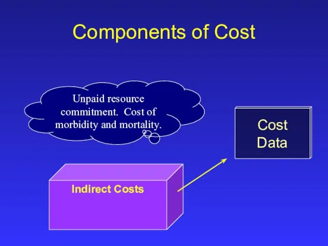 Cost Data Components of Cost Indirect Costs Unpaid resource commitment. Cost of morbidity and mortality.