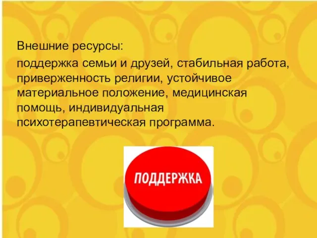 Внешние ресурсы: поддержка семьи и друзей, стабильная работа, приверженность религии, устойчивое материальное