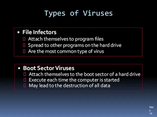 Types of Viruses File Infectors Attach themselves to program files Spread to