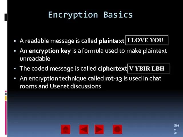 Encryption Basics A readable message is called plaintext An encryption key is