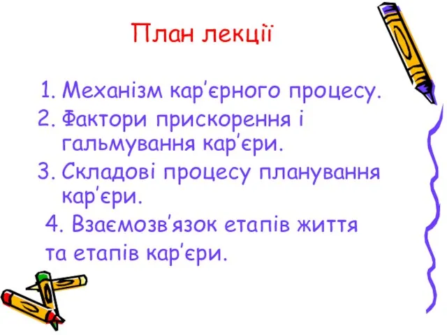 План лекції Механізм кар’єрного процесу. Фактори прискорення і гальмування кар’єри. Складові процесу