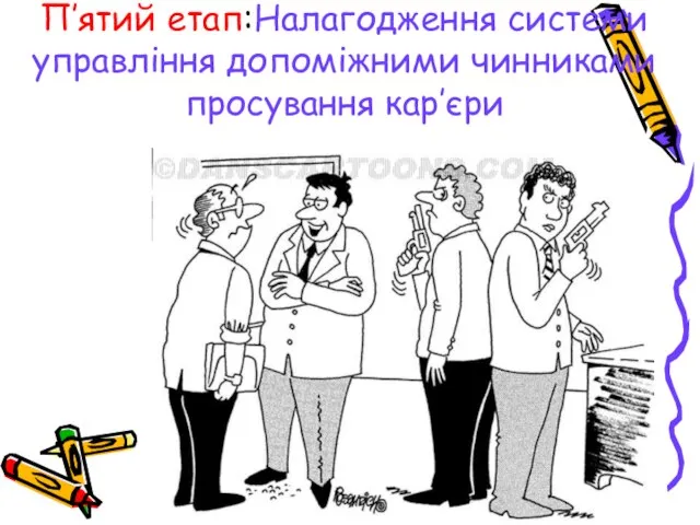 П’ятий етап:Налагодження системи управління допоміжними чинниками просування кар’єри