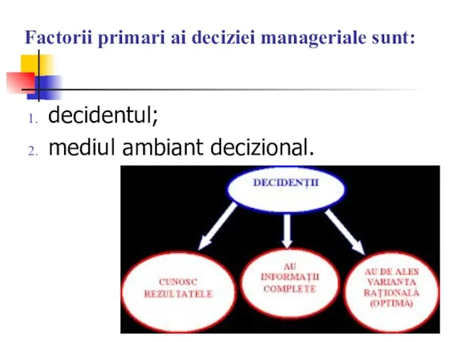 Factorii primari ai deciziei manageriale sunt: decidentul; mediul ambiant decizional.