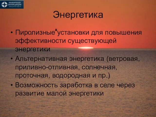 Энергетика Пиролизные установки для повышения эффективности существующей энергетики Альтернативная энергетика (ветровая, приливно-отливная,