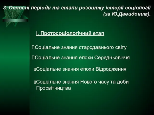 3. Основні періоди та етапи розвитку історії соціології (за Ю.Давидовим). І. Протосоціологічний