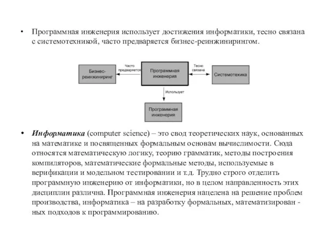 Программная инженерия использует достижения информатики, тесно связана с системотехникой, часто предваряется бизнес-реинжинирингом.