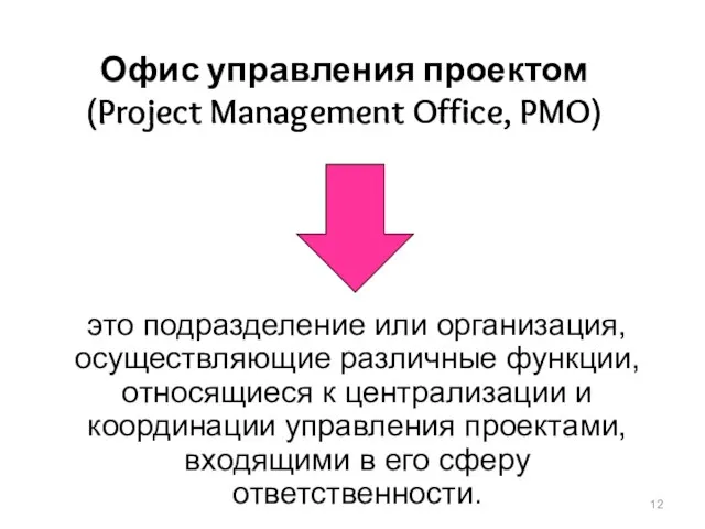 Офис управления проектом (Project Management Office, PMO) это подразделение или организация, осуществляющие