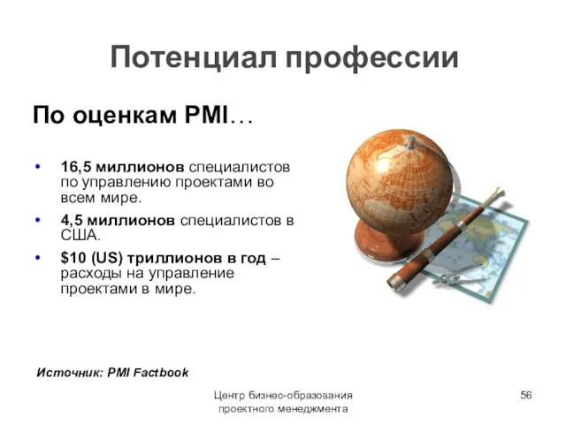 Центр бизнес-образования проектного менеджмента По оценкам PMI… 16,5 миллионов специалистов по управлению