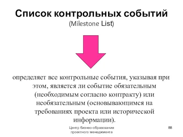 Центр бизнес-образования проектного менеджмента Список контрольных событий (Milestone List) определяет все контрольные