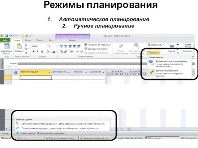 Режимы планирования Автоматическое планирование Ручное планирование