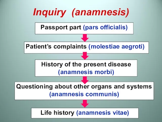 Inquiry (anamnesis) Passport part (pars officialis) Patient’s complaints (molestiae aegroti) History of