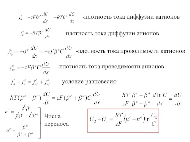 -плотность тока диффузии катионов -плотность тока диффузии анионов -плотность тока проводимости катионов