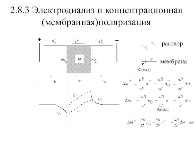 2.8.3 Электродиализ и концентрационная (мембранная)поляризация раствор мембрана Катод: Анод: