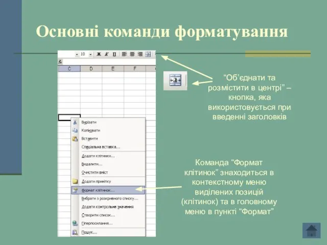 Основні команди форматування “Об’єднати та розмістити в центрі” – кнопка, яка використовується