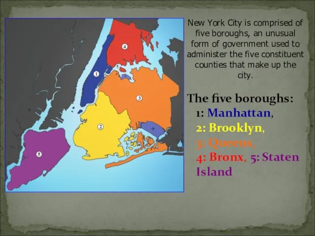 The five boroughs: 1: Manhattan, 2: Brooklyn, 3: Queens, 4: Bronx, 5: