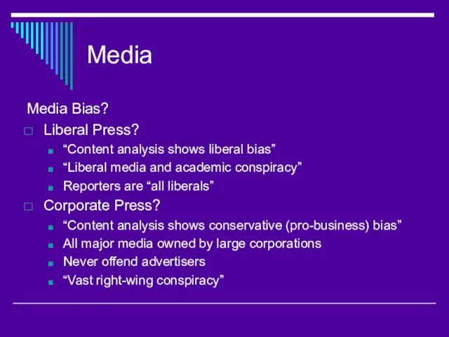 Media Media Bias? Liberal Press? “Content analysis shows liberal bias” “Liberal media