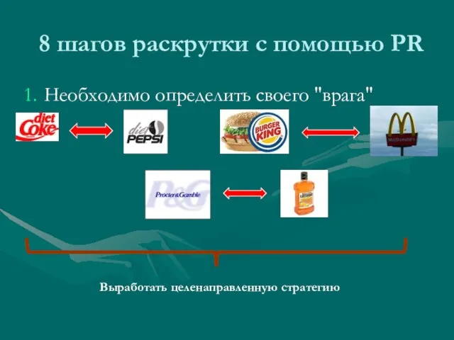 8 шагов раскрутки с помощью PR Необходимо определить своего "врага" Выработать целенаправленную стратегию