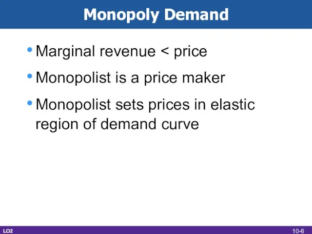 Monopoly Demand Marginal revenue Monopolist is a price maker Monopolist sets prices