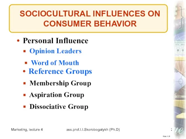 Marketing, lecture 4 ass.prof.I.I.Skorobogatykh (Ph.D) SOCIOCULTURAL INFLUENCES ON CONSUMER BEHAVIOR Slide 5-39