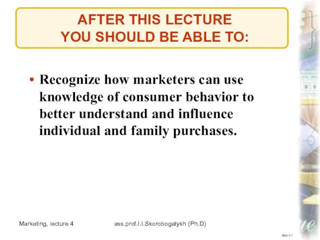 Marketing, lecture 4 ass.prof.I.I.Skorobogatykh (Ph.D) Slide 5-7 AFTER THIS LECTURE YOU SHOULD