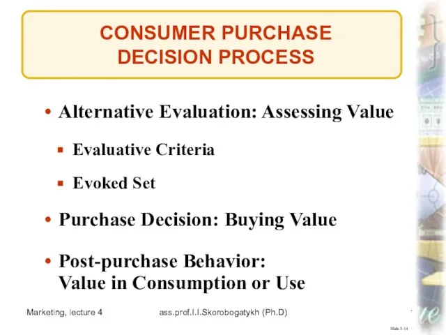 Marketing, lecture 4 ass.prof.I.I.Skorobogatykh (Ph.D) CONSUMER PURCHASE DECISION PROCESS Slide 5-14 Alternative