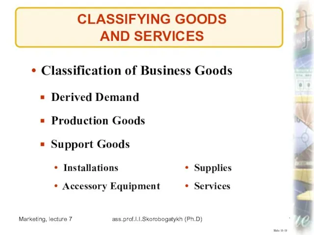 Marketing, lecture 7 ass.prof.I.I.Skorobogatykh (Ph.D) CLASSIFYING GOODS AND SERVICES Slide 10-19 Classification