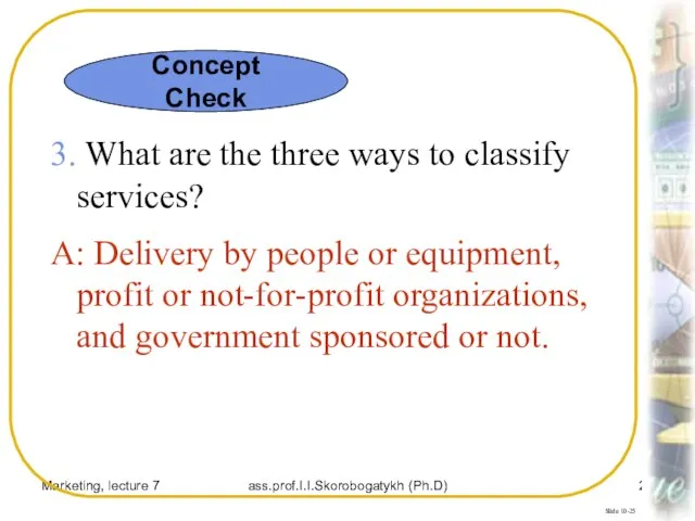 Marketing, lecture 7 ass.prof.I.I.Skorobogatykh (Ph.D) Slide 10-25 3. What are the three